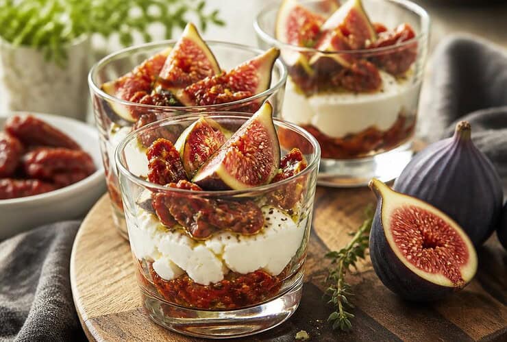 verrines de tomates sechees fromage frais et figues